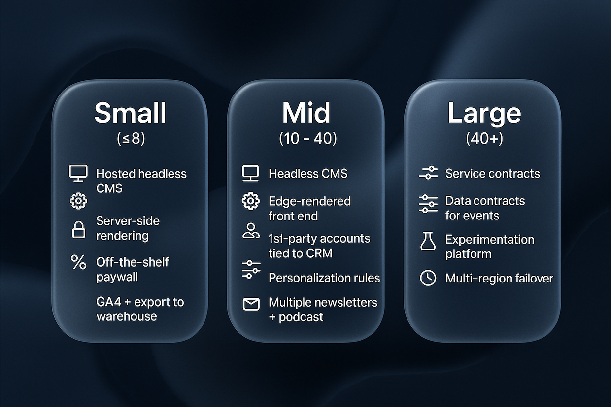 Comparison chart for small, mid, and large newsroom integration stacks and TCO