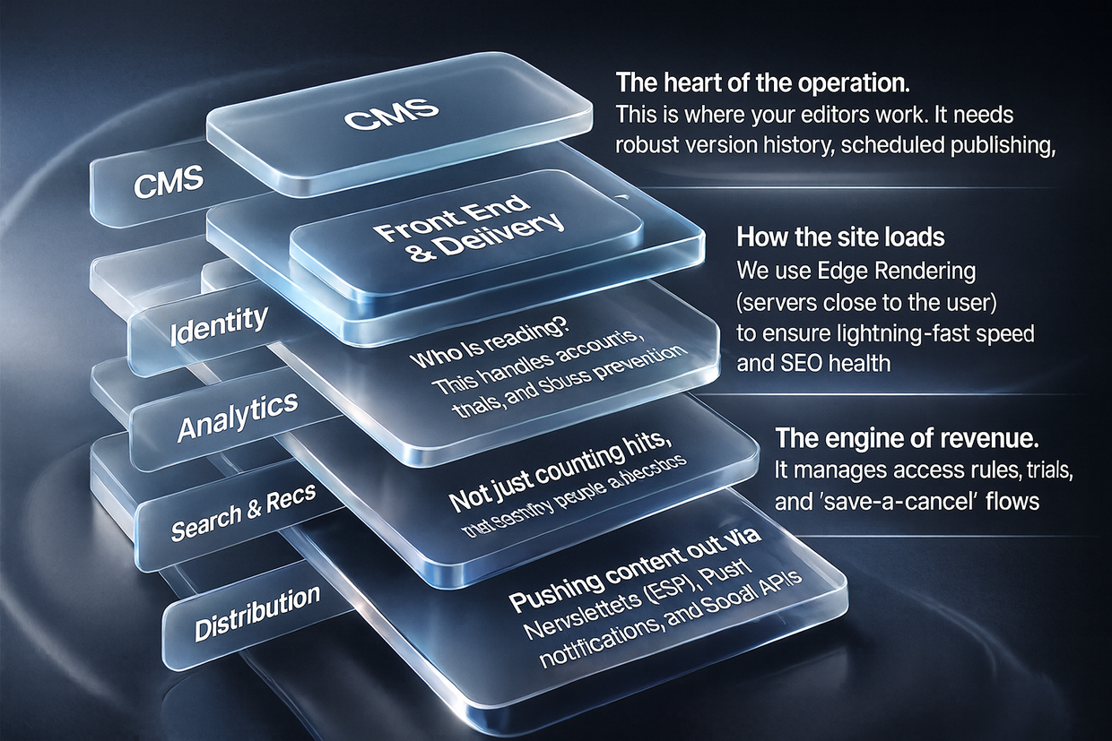 Diagram of eight-layer newsroom tech stack (CMS, CDN, paywall, analytics)